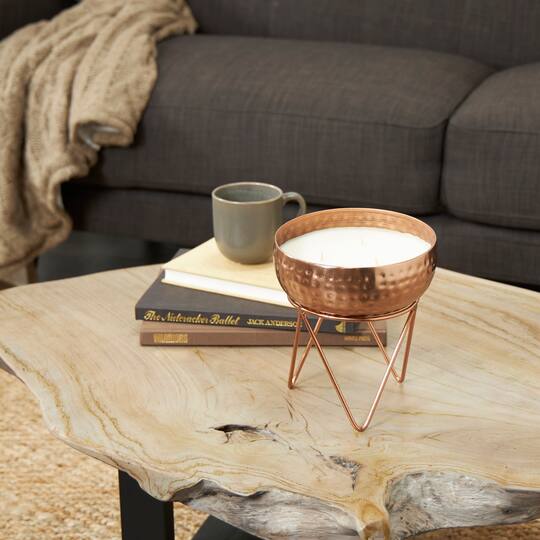 White Wax Vanilla Marshmallow Scented Candle with Hammered Copper Container and Tripod Stand